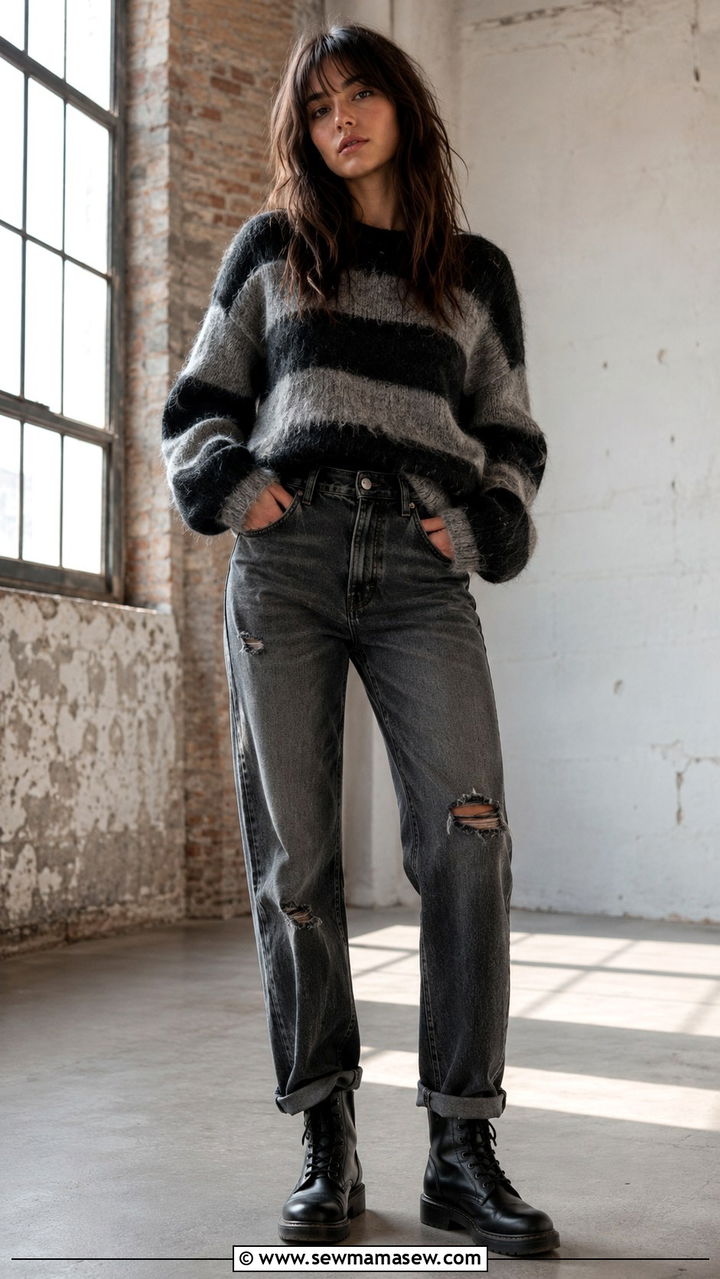 Striped Fuzzy Sweater With Distressed Denim and Boots - 30 grunge outfits aesthetic