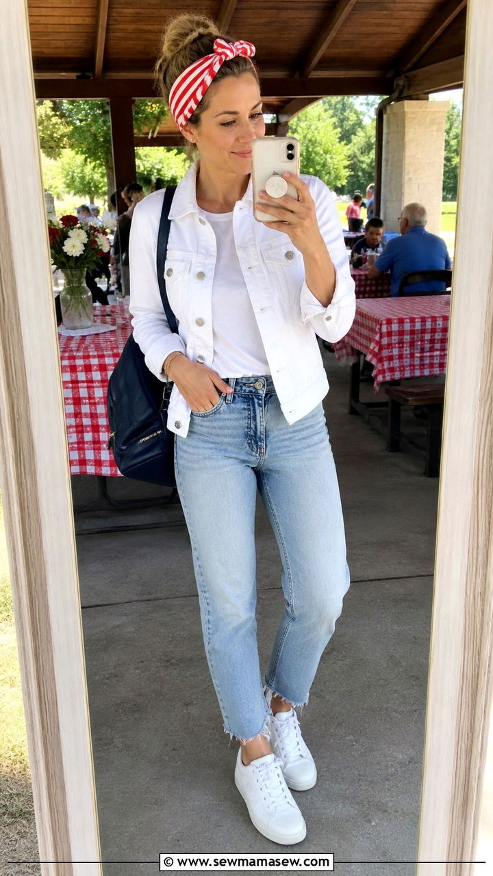Striped Headband and White Denim Jacket - 40 Memorial Day outfit ideas