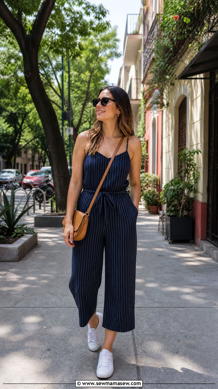 Striped Jumpsuit With White Sneakers - 35 Mexico spring outfit ideas