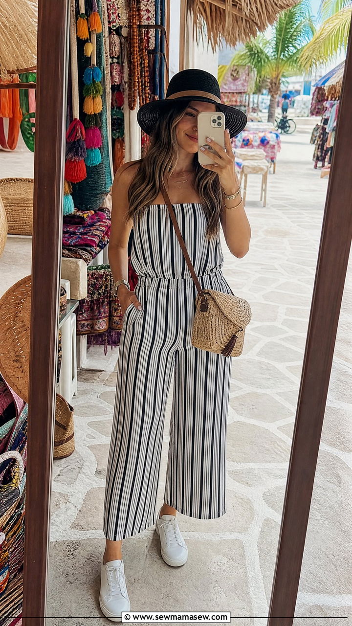 Striped Jumpsuit and Straw Fedora - 35 Mexico summer outfit ideas