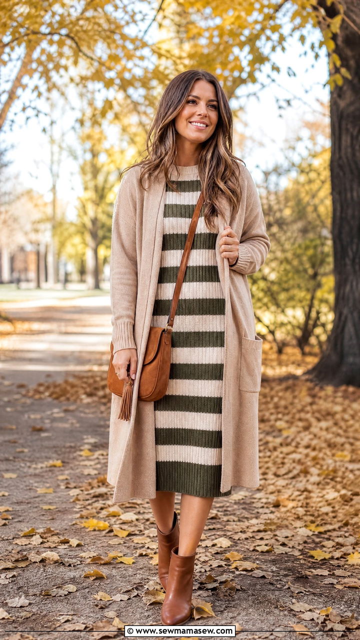 Striped Knit Dress With Ankle Boots - 30 Striped dress outfit ideas