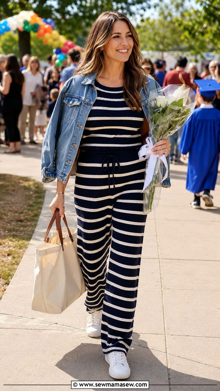 Striped Knit Jumpsuit with White Sneakers - 30 Kindergarten graduation outfit ideas for moms