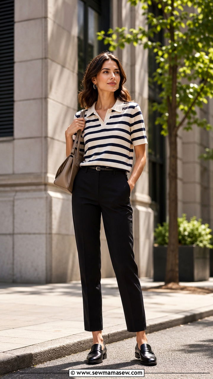 Striped Knit Polo With Ankle Trousers and Loafers - 30 Late May outfit ideas