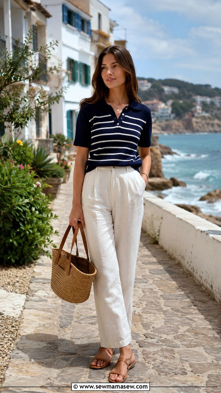 Striped Knit Polo With Linen Trousers and Basket Bag - 30 Late spring outfits