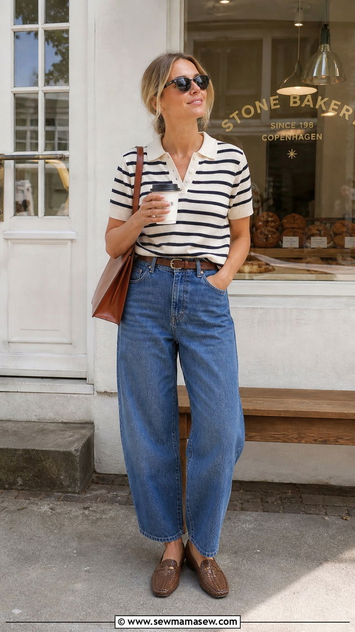 Striped Knit Polo With Relaxed Barrel Leg Jeans - 40 summer scandinavian outfits