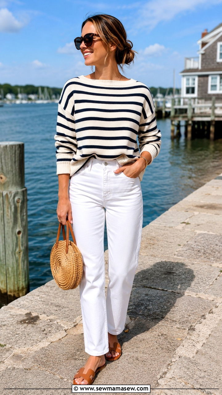 Striped Knit Sweater And White Jeans With Oversized Sunglasses - 20 spring outfits with oversize sunglasses