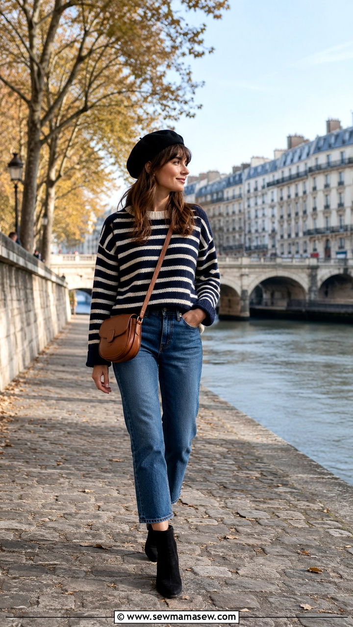 Striped Knit Sweater With Cropped Jeans And Beret - 30 Paris outfits inspo