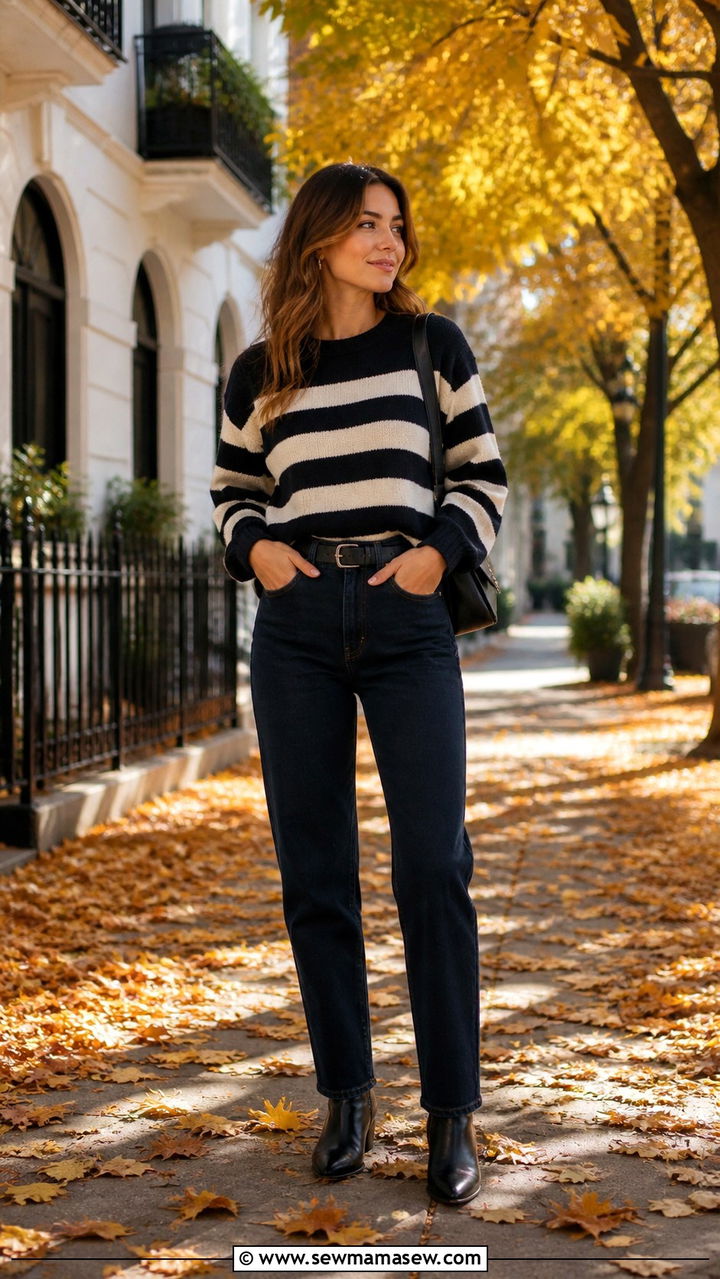 Striped Knit Sweater With Dark Denim and Ankle Boots - 40 Korean outfit ideas