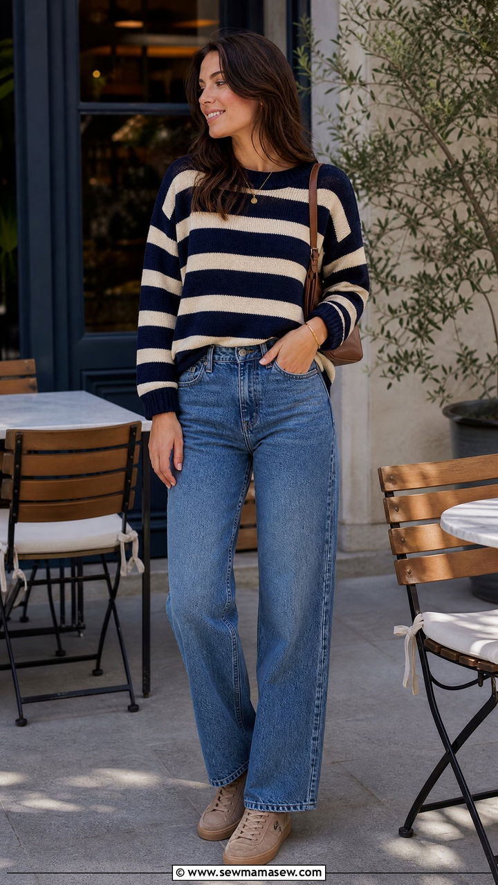 Striped Knit Sweater With Relaxed Jeans and Suede Sneakers - 25 Laid back spring outfit ideas 2026