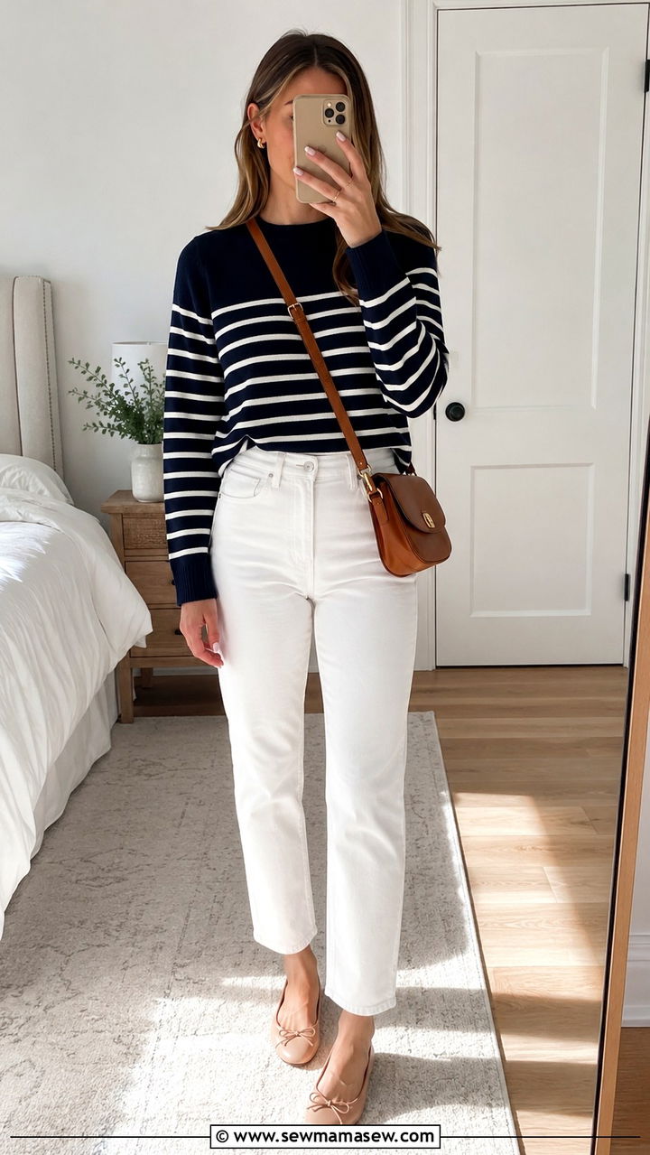 Striped Knit Sweater With White Jeans And Ballet Flats - 20 College outfit ideas preppy 2026