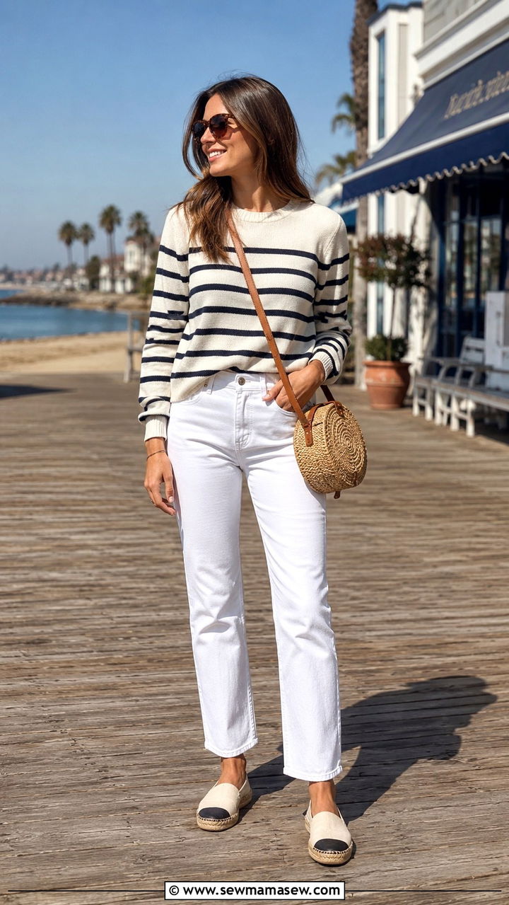 Striped Knit Sweater With White Jeans and Espadrilles - 30 transitional casual outfit ideas