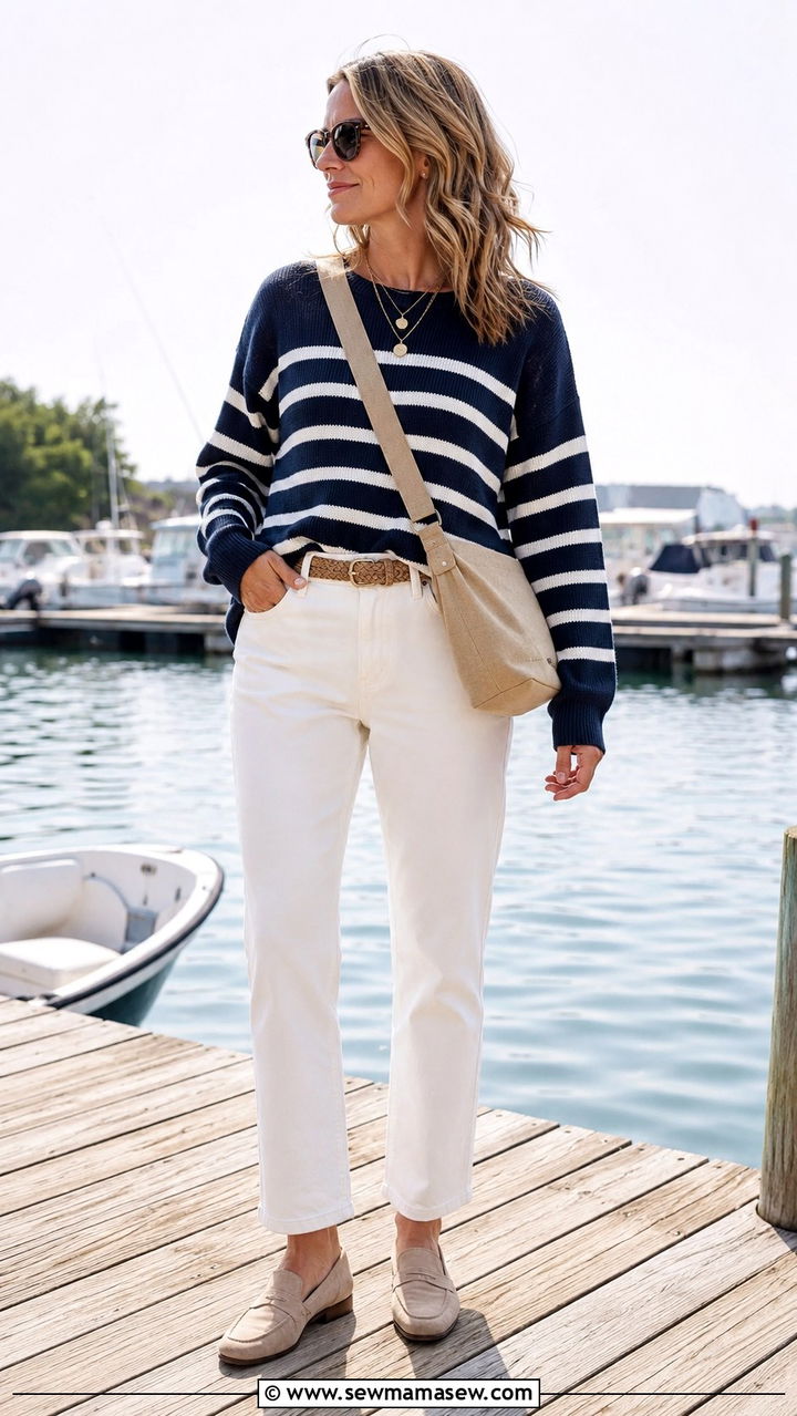 Striped Knit Sweater and White Jeans - 20 coastal grandmother outfits to copy