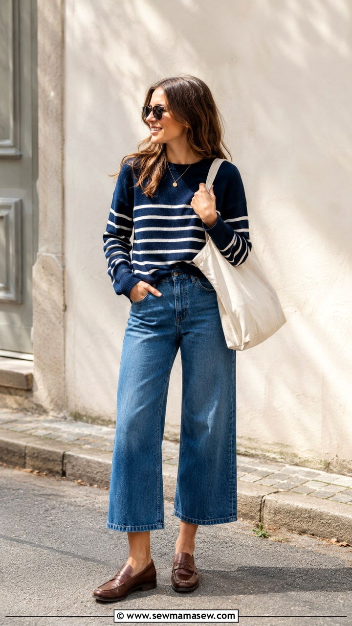 Striped Knit Sweater with Cropped Wide Leg Jeans - 30 Late March outfit ideas