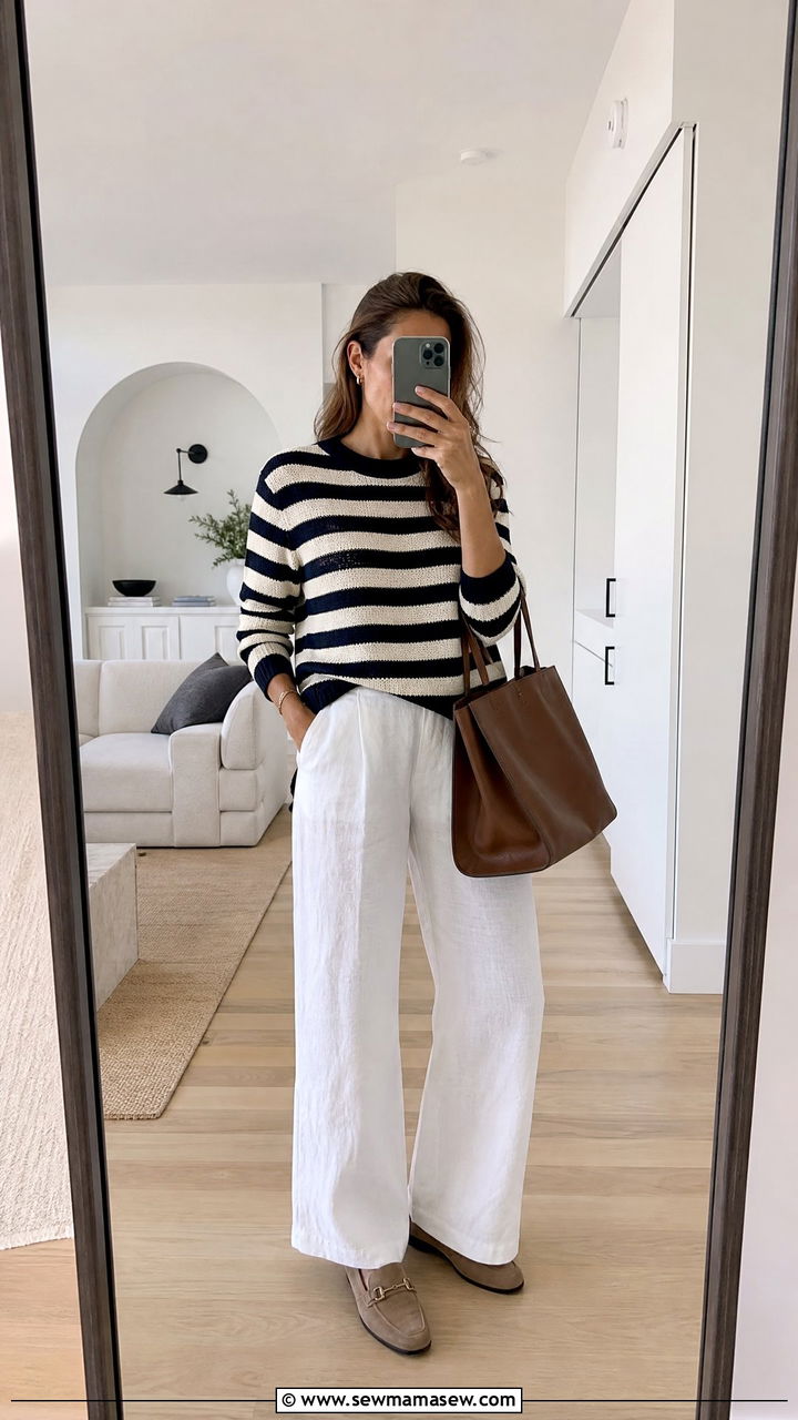 Striped Knit Sweater with Linen Trousers - 30 Summer knit outfits