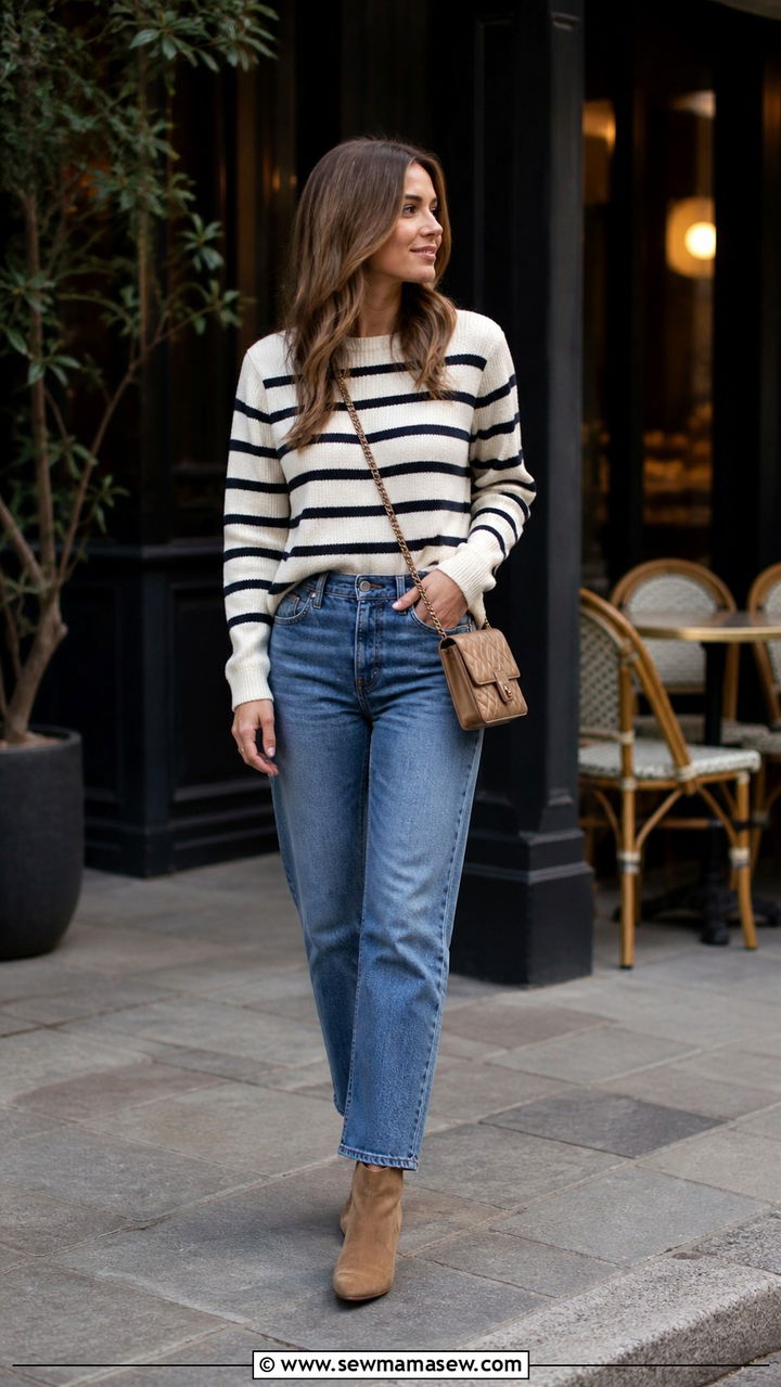 Striped Knit Sweater with Straight Leg Jeans and Ankle Boots - 40 Spring weekend outfit ideas