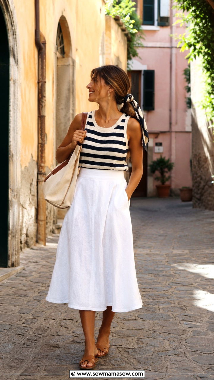 Striped Knit Tank With Linen Midi Skirt - 30 Italian Riviera outfit ideas