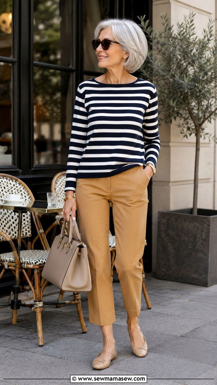Striped Knit Top With Cropped Camel Pants Outfit - 30 Outfit ideas for women over 70