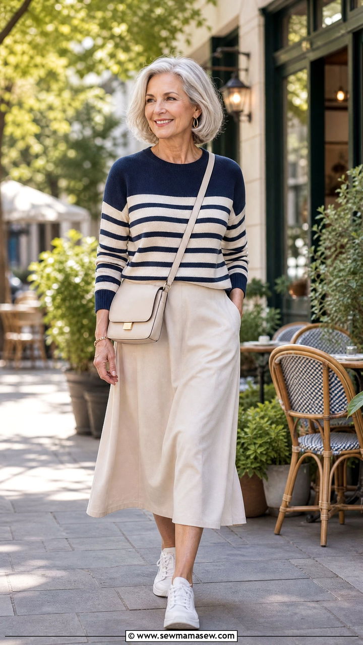 Striped Knit Top With Midi Skirt and Sneakers Outfit - 25 Outfit ideas for women over 60 casual 2026