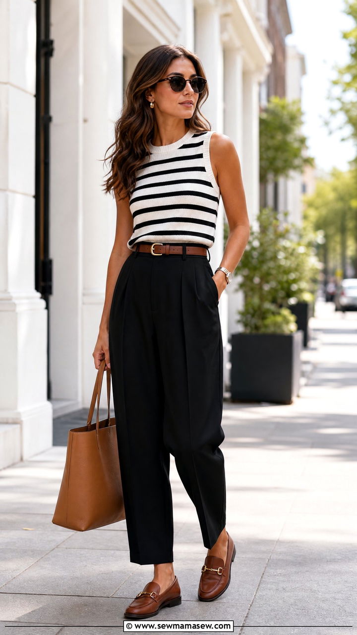 Striped Knit Top With Pleated Black Trousers And Brown Loafers - 35 Modern office outfit ideas