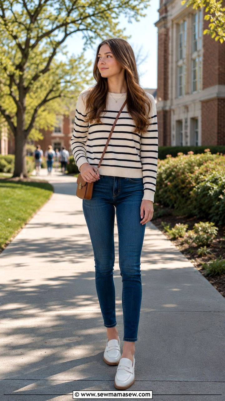 Striped Knit Top With Skinny Jeans And Loafers - 30 Spring outfits for teen girls