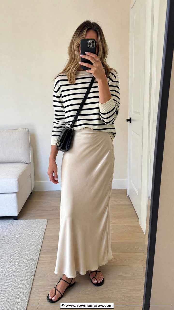 Striped Knit Top With Slip Skirt Outfit - 30 Confident spring outfit ideas