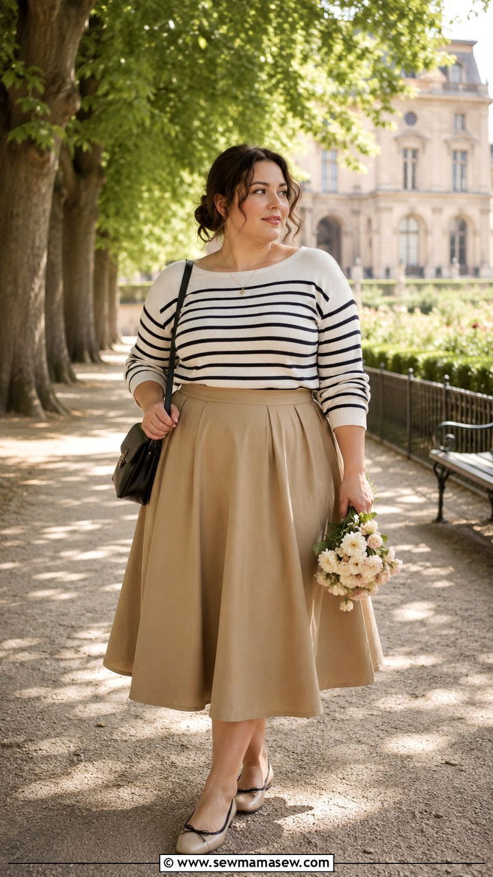 Striped Knit Top With an A Line Midi Skirt and Ballet Flats - 20 Plus size outfit ideas size 18
