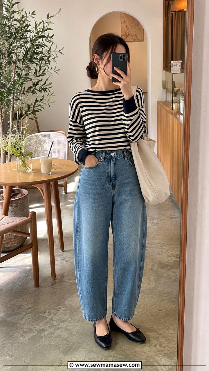 Striped Knit Top and Barrel Jeans Outfit - 30 spring petite outfit ideas