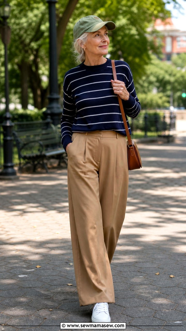 Striped Knit Top with Camel Wide Leg Trousers - 40 Spring outfit ideas for women over 60 2026