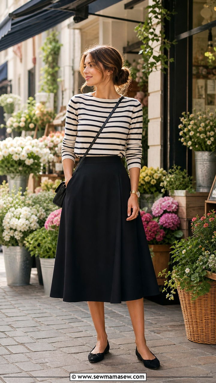 Striped Knit Top with Midi Skirt - 40 parisian outfits for women