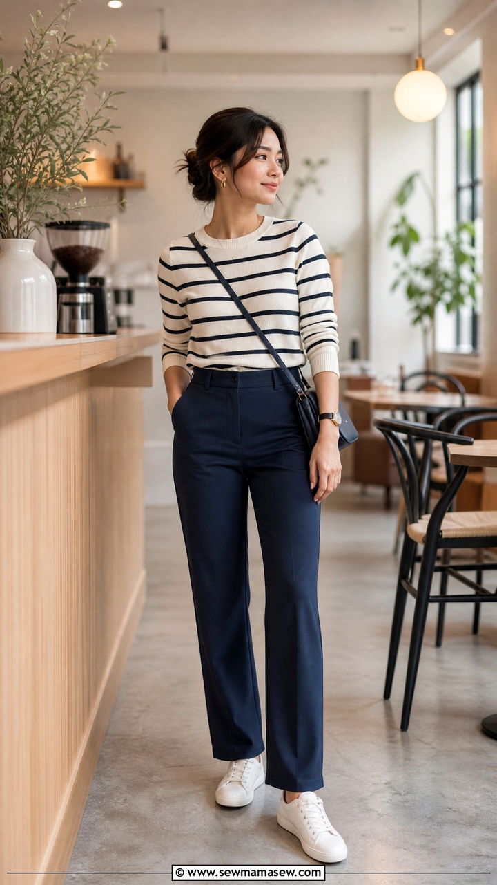 Striped Knit Top with Navy Tailored Trousers and White Sneakers - 30 Clean girl outfits for petite women