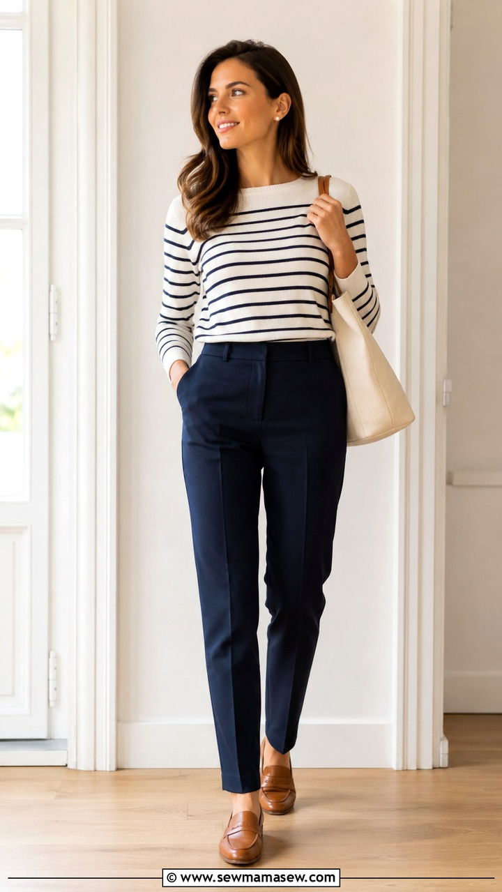 Striped Knit Top with Navy Trousers and Tan Loafers - 30 Spring outfits in neutral