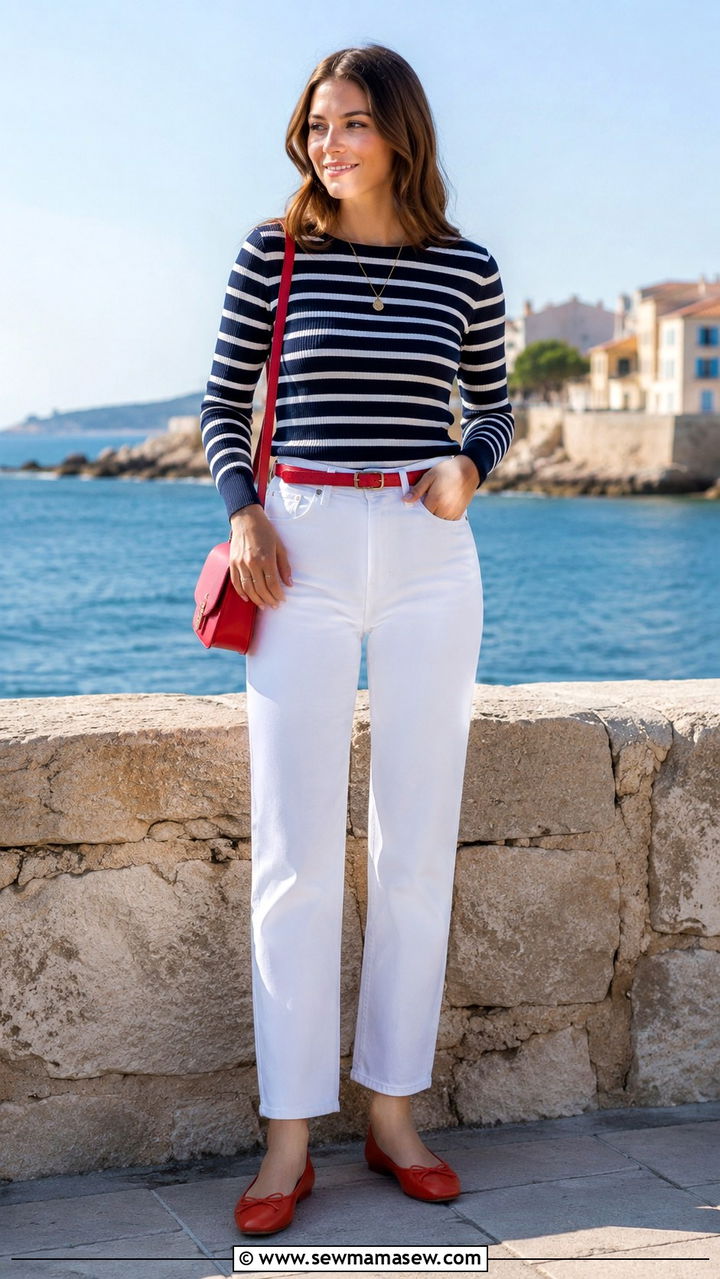 Striped Knit Top with White Jeans and Skinny Belt - 20 spring outfits with skinny belt