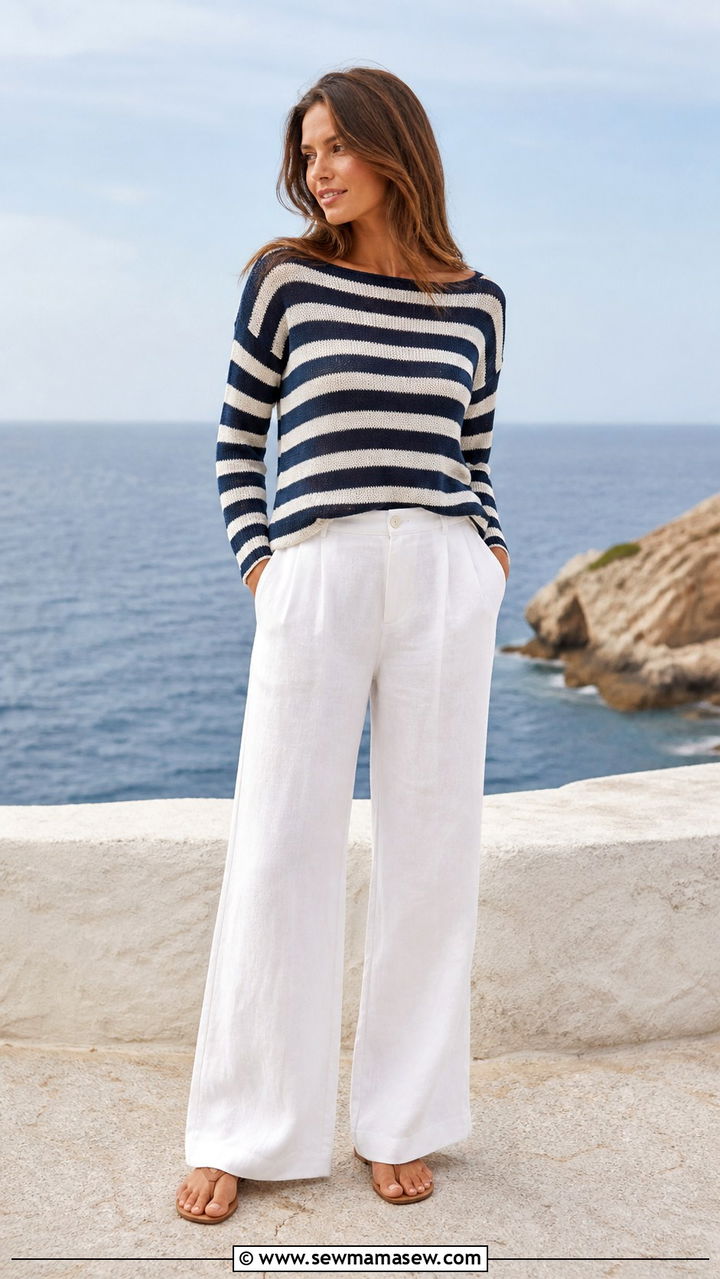 Striped Knit Top with White Linen Trousers - 40 cute spring outfit ideas