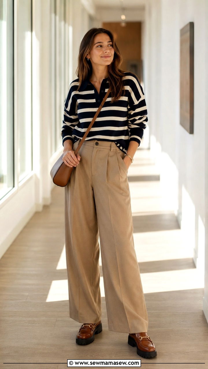 Striped Knit Top with Wide Leg Pants and Loafers Outfit - 30 Business casual outfits for Fridays