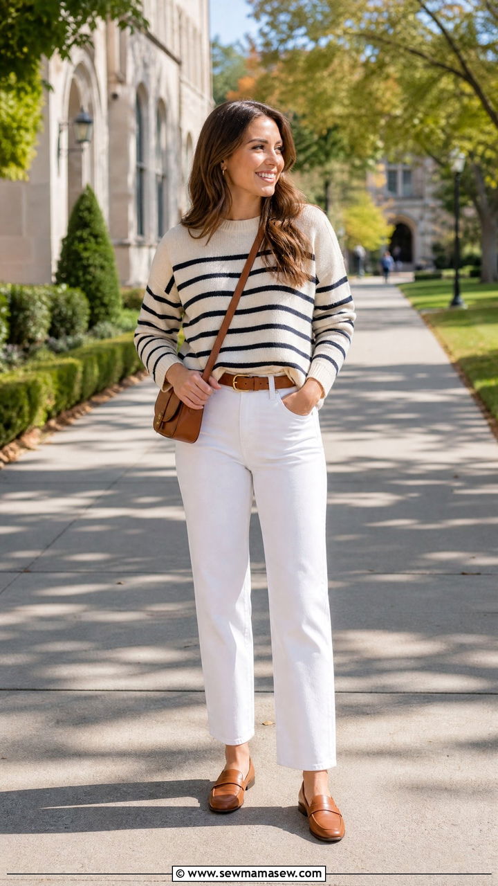 Striped Knit White Jeans College Outfit - 30 College outfit ideas casual 2026