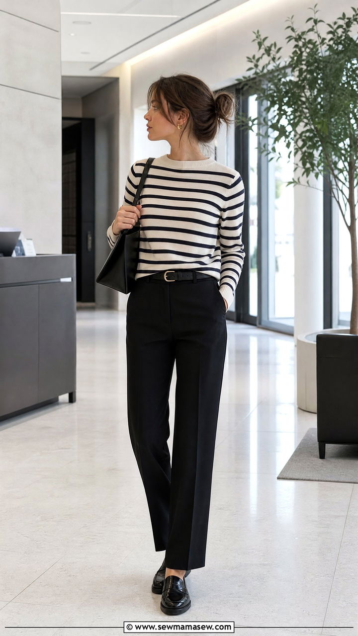 Striped Knit With Black Trousers and Loafers - 25 French girl outfit ideas casual