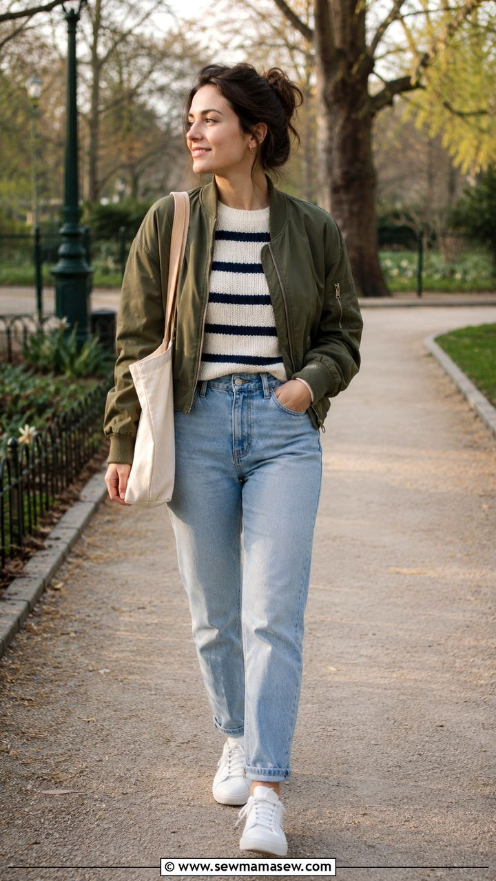 Striped Knit With Bomber Jacket And High Waisted Jeans - 20 March outfit ideas 2026