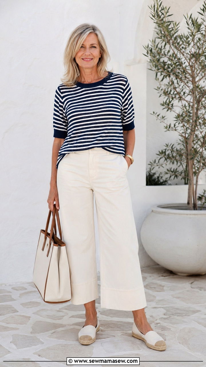 Striped Knit With Cropped Wide Leg Pants - 25 Outfit ideas for women over 50 weekend