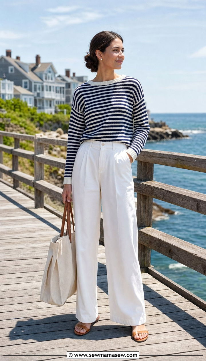 Striped Knit With Relaxed White Trousers Spring Outfit - 25 spring outfit ideas inspo