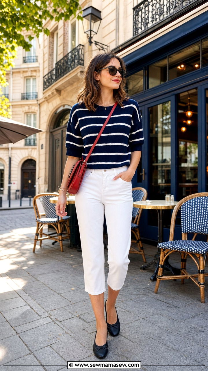 Striped Knit With White Capri Pants And Ballet Flats - 25 summer capri pants outfit ideas