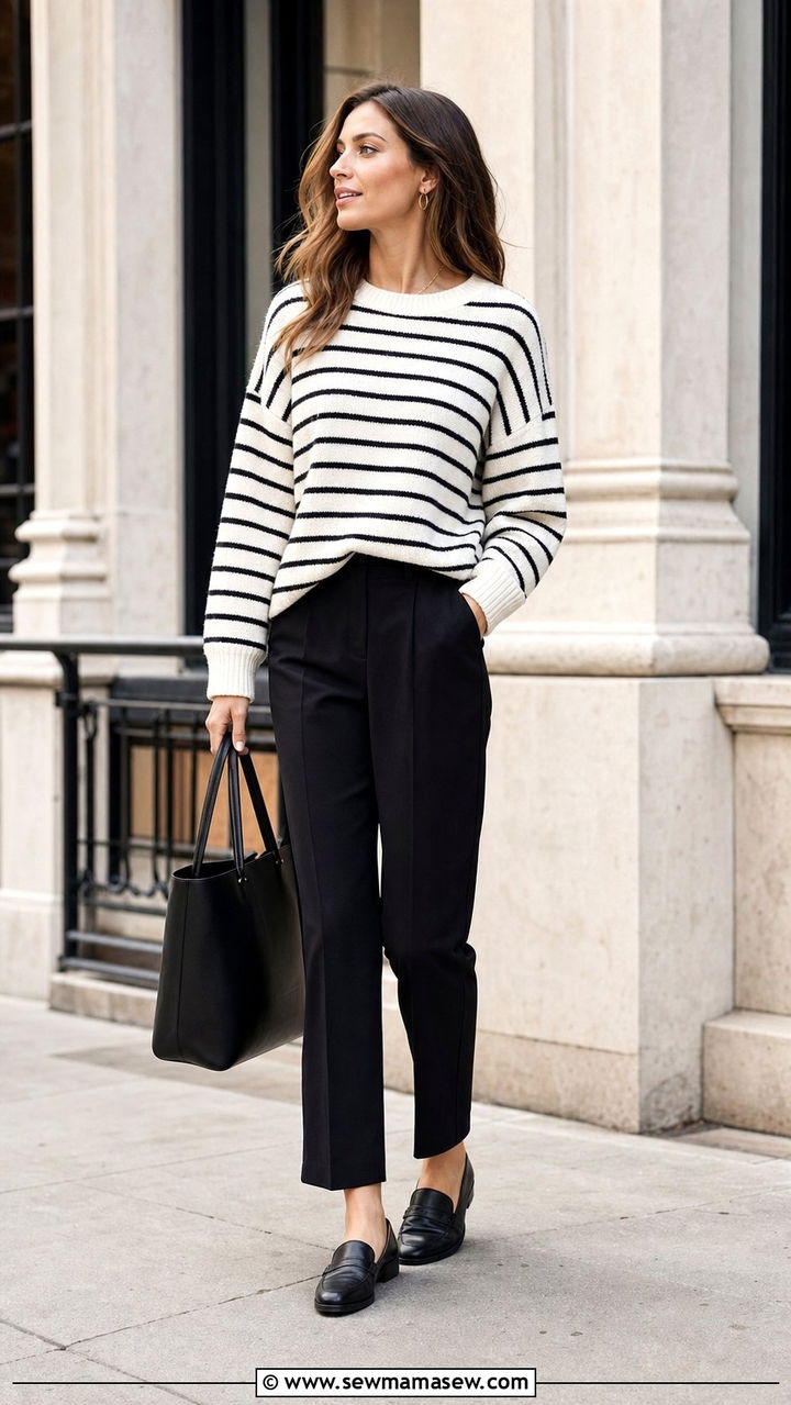 Striped Knit with Black Trousers Outfit - 25 Spring fashion ideas