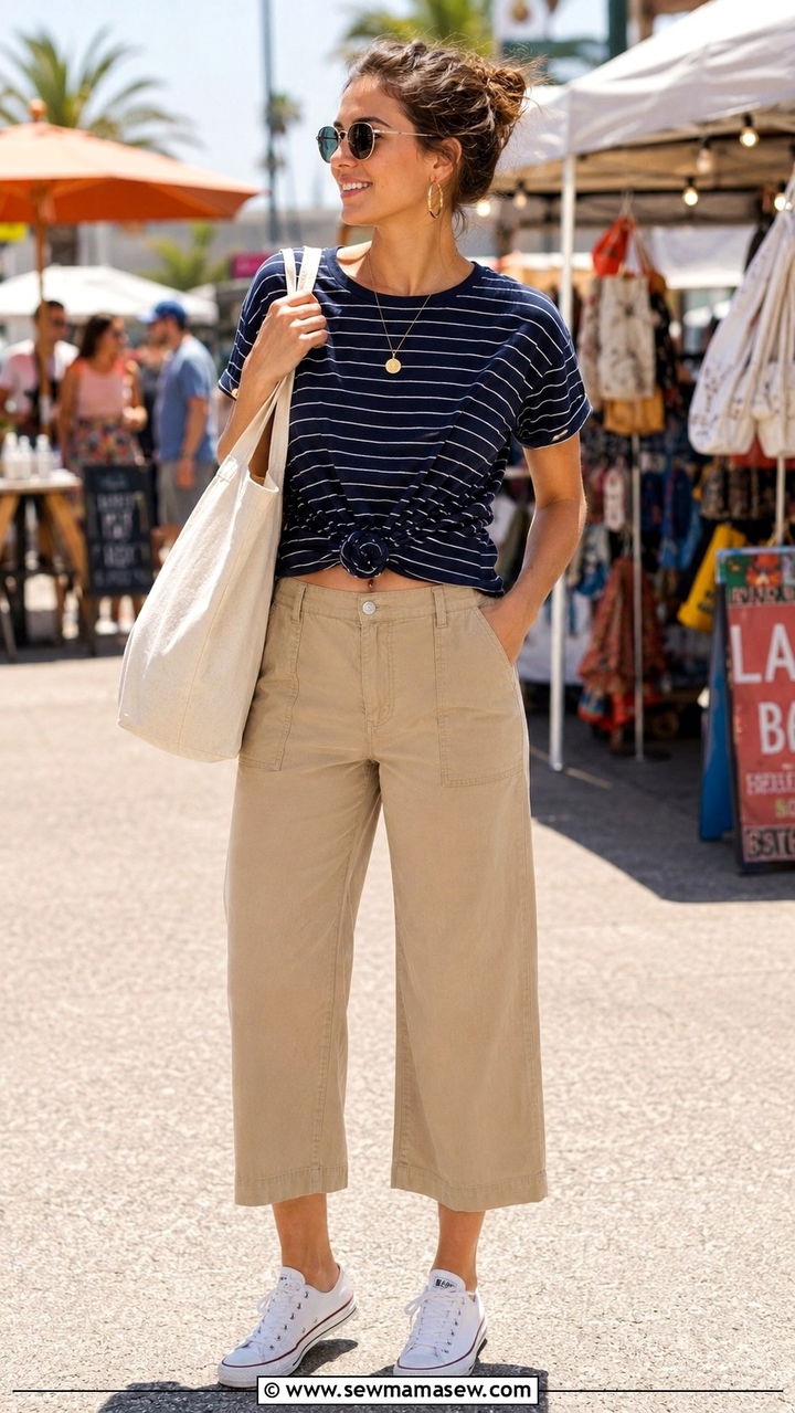 Striped Knot Top and Khaki Cropped Pants - 30 Plus size mom outfit ideas summer