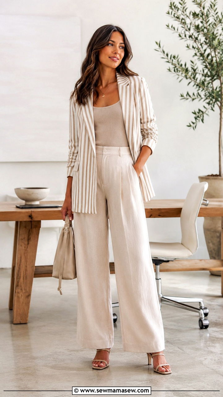 Striped Linen Blazer With Neutral Trousers And Heeled Sandals - 30 Linen blazer outfit ideas with heels