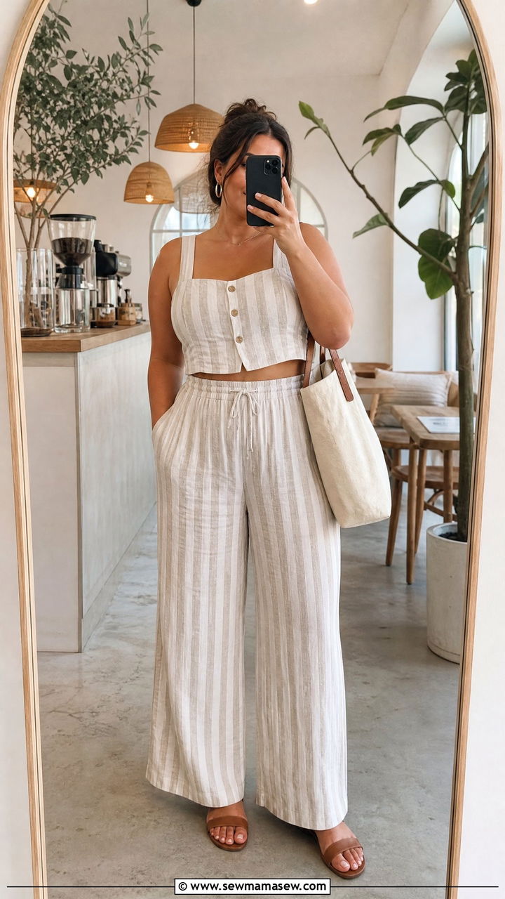 Striped Linen Co Ord Set with Flat Sandals - 30 Curvy girl summer outfit ideas