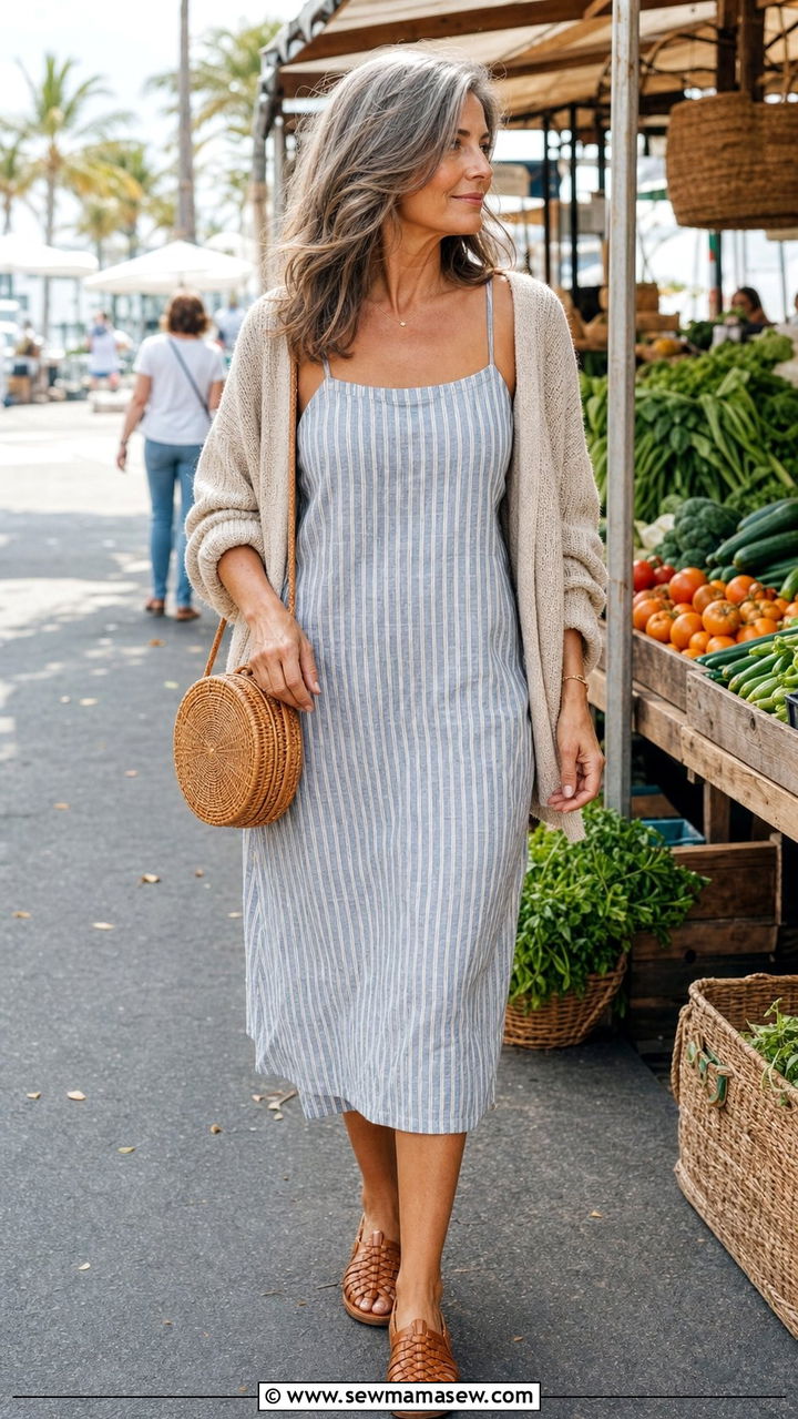 Striped Linen Dress Under Open Cardigan - 25 Coastal grandmother outfits 2026