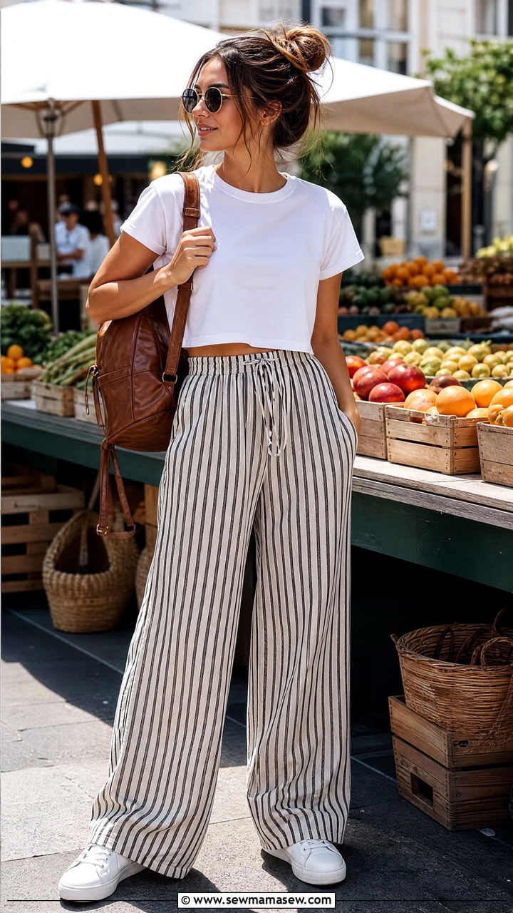Striped Linen Pants Casual Outfit with Sneakers - 35 linen pants outfits ideas
