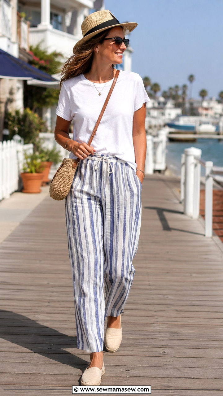Striped Linen Pants Outfit With Solid Tee And Espadrilles - 30 Linen pants outfit ideas for summer