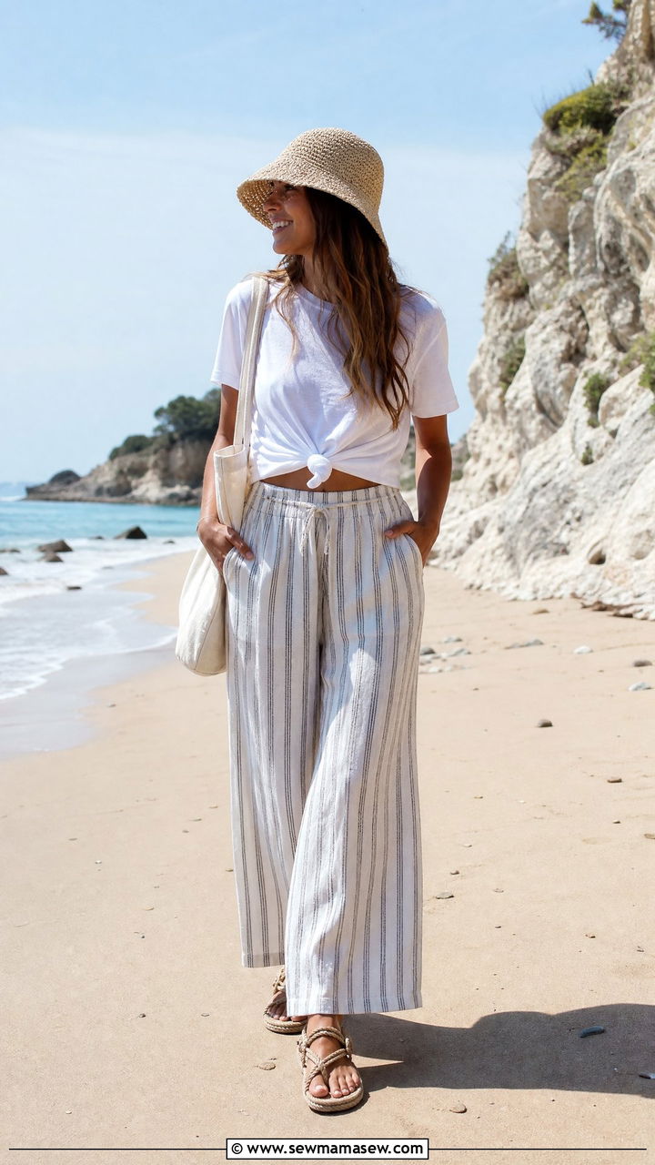 Striped Linen Pants With Knotted Tee Outfit - 25 linen pants outfits aesthetic