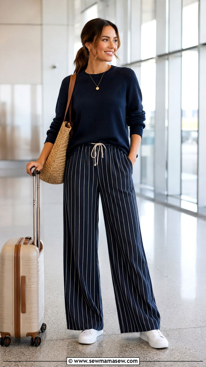 Striped Linen Pants With Solid Sweater - 25 Wide leg linen pants outfit ideas with a sweater