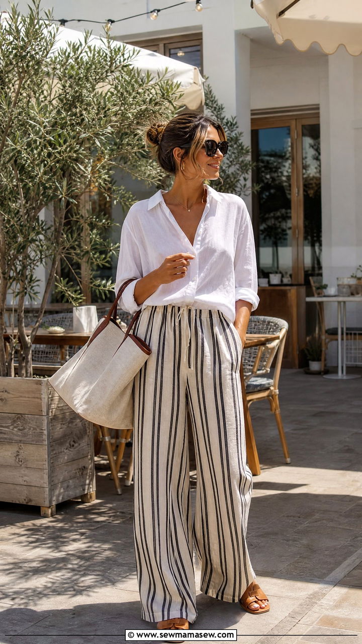Striped Linen Pants With White Blouse And Slides - 35 linen pants outfit ideas